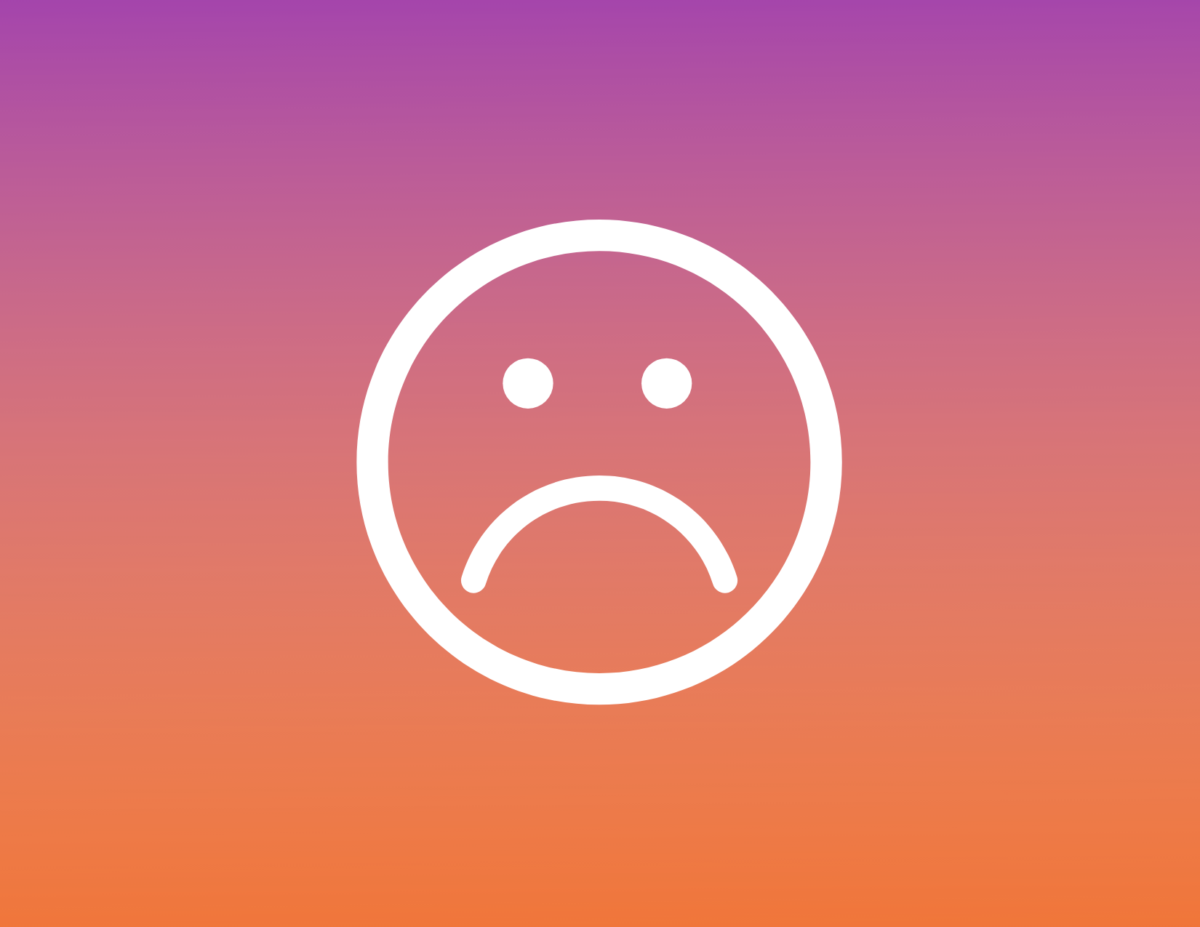 A frowning face emoji on an orange and purple background.