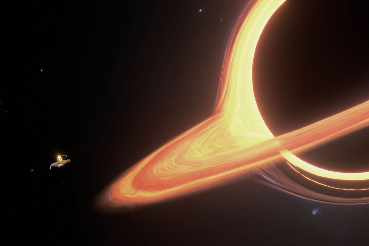 A spaceship approaches a black hole.