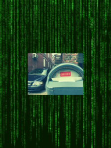 An expired parking meter surrounded by green text computer code.
